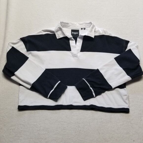 Superdry Edit Womens 8 Top Oversized Black Striped Popover Long Sleeve Boxy - Picture 1 of 10